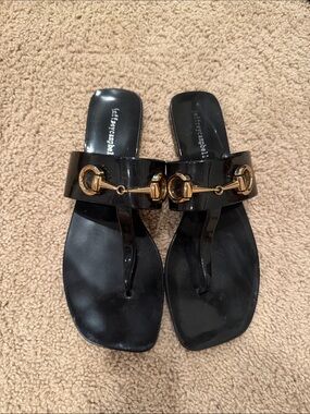 Jeffrey Campbell Black Patent Thong Sandals with Gold Bit Detail